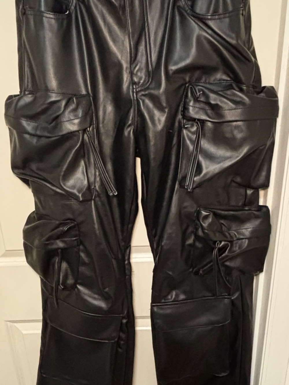 MNML Black Faux Leather Cargo Pants with Multiple Utility Pockets